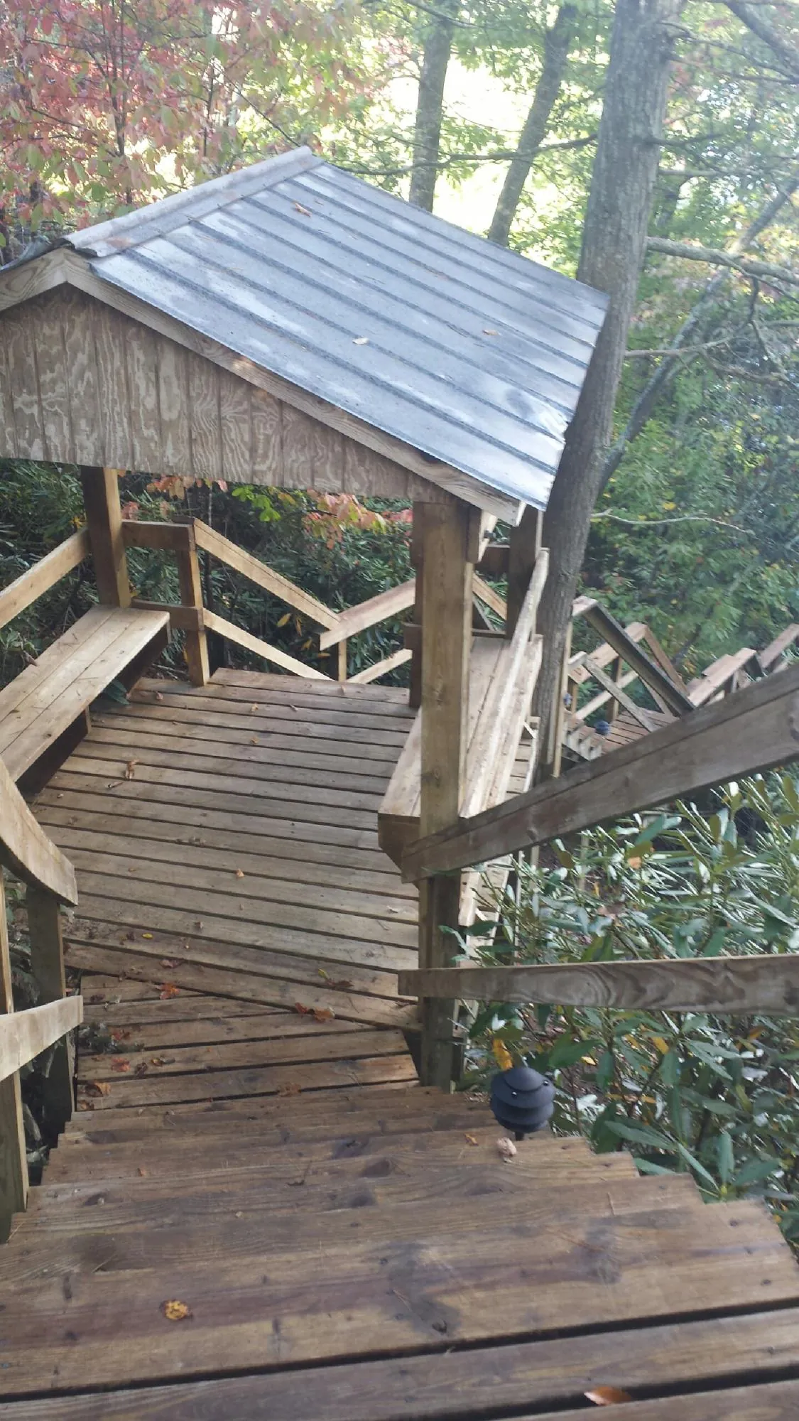 Metal roofed shelter over wooden steps on a wooded walkway — Skylight Repair & Installation work by our crew in Edgeley